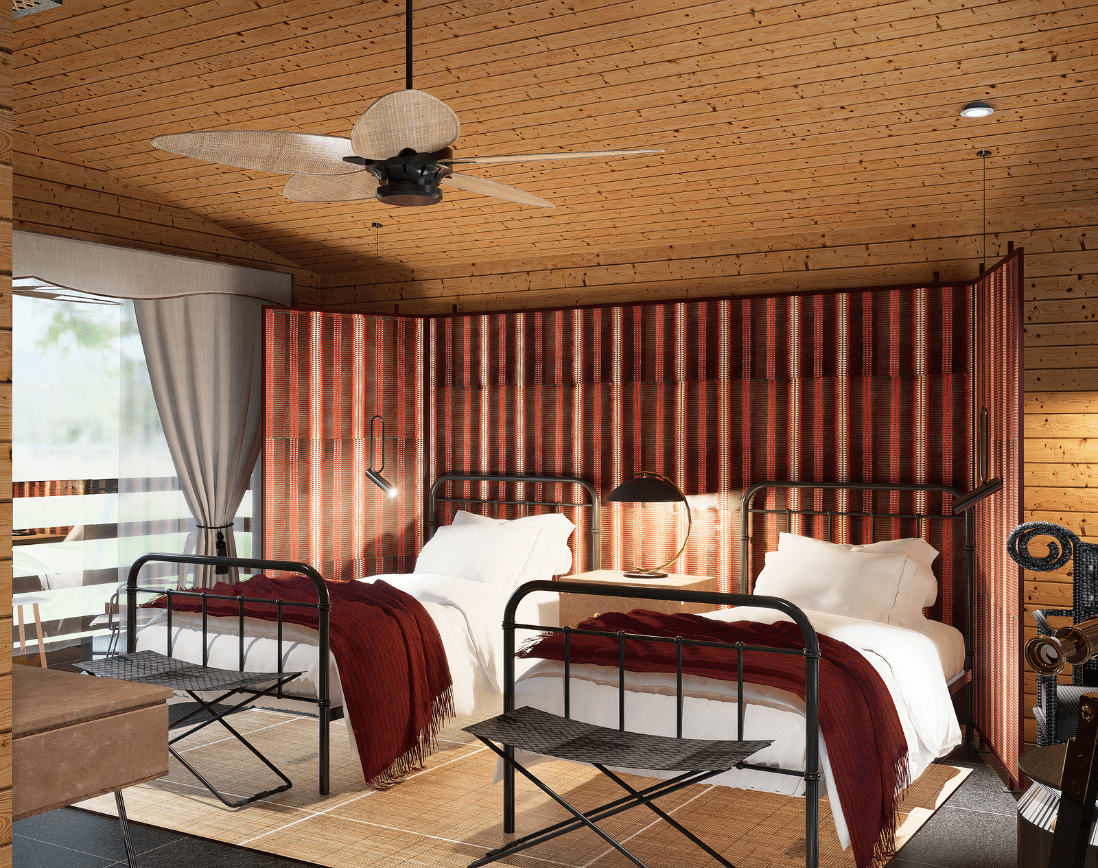 A bedroom with twin beds, a ceiling fan, a striped partition, and a window with curtains - Rhino and River BluSalzz Collection, Pobitora