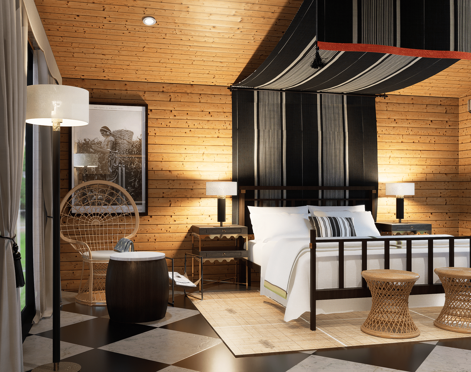 A bedroom with a bed, lamps, patterned drapes, a chair, and a chequered floor - Rhino and River BluSalzz Collection, Pobitora
