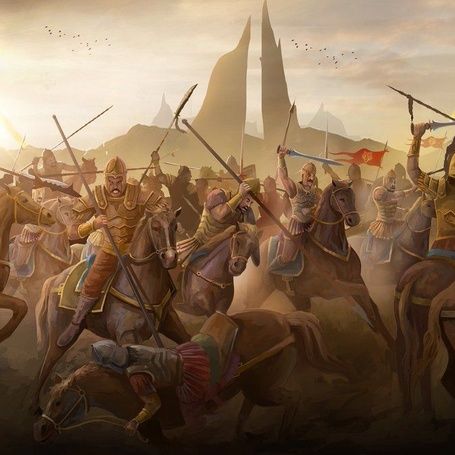 Cavalry battle scene with warriors and a fallen soldier.