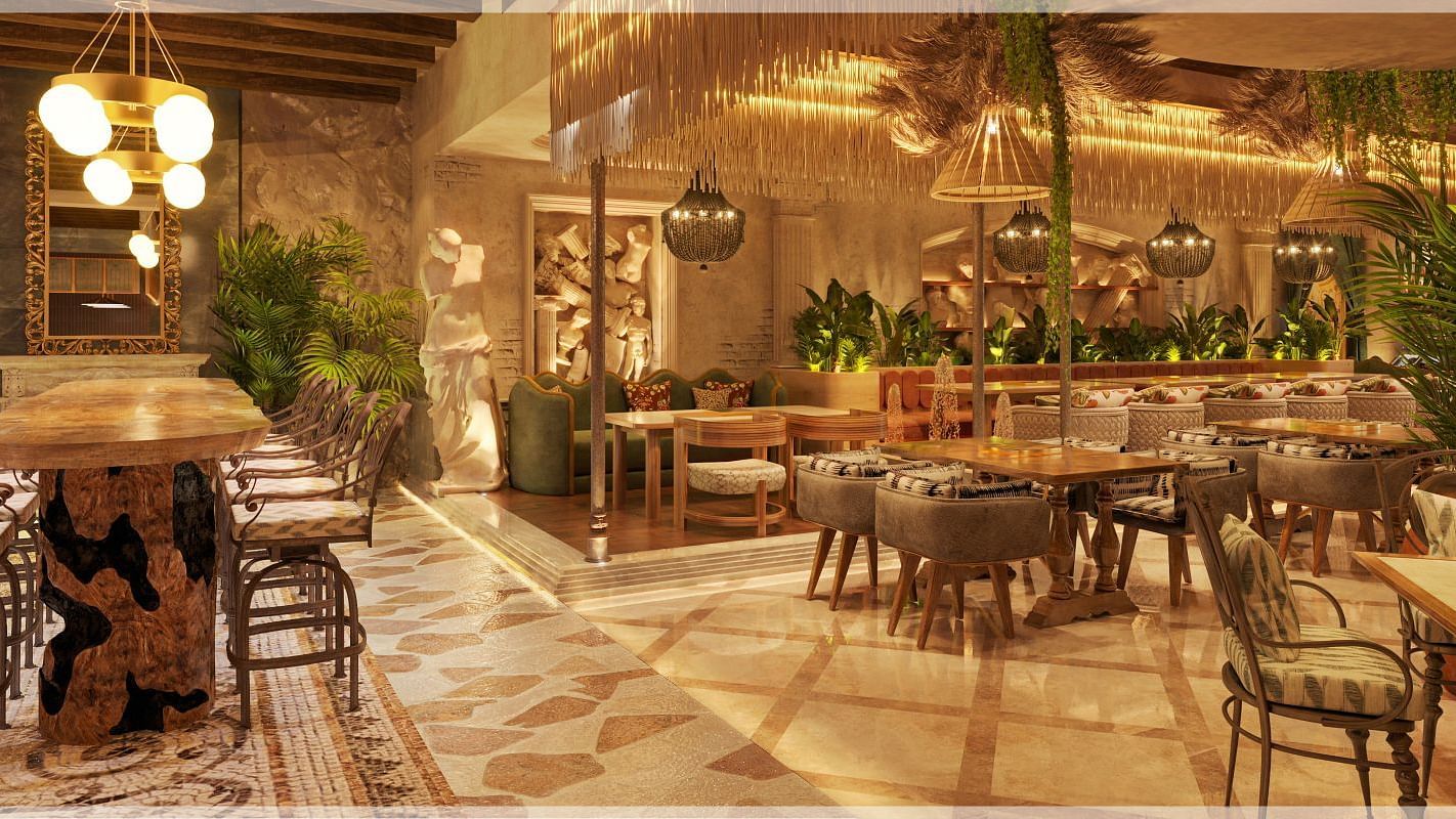 A spacious restaurant interior combining rustic charm with upscale design elements - Themis Barbecue House, Ambience Mall, Gurugram