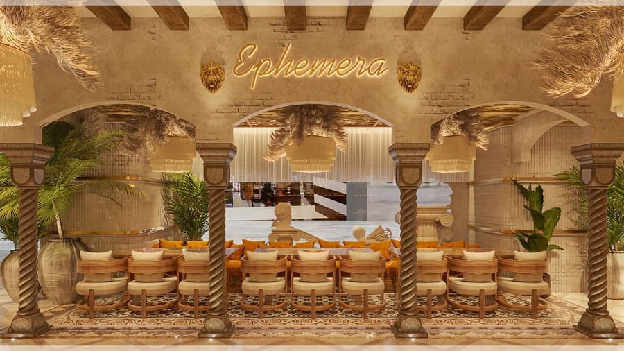 A grand dining room with sophisticated cream and gold tones and an open, airy feel - Themis Barbecue House, Ambience Mall, Gurugram