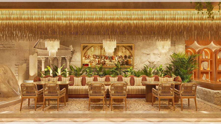 A luxurious banquet hall with elegant table settings and opulent golden decor - Themis Barbecue House, Ambience Mall, Gurugram