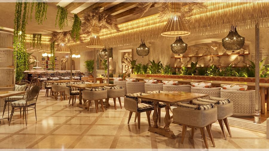 A tastefully decorated dining room with warm lighting and a mix of modern and traditional decor - Themis Barbecue House, Ambience Mall, Gurugram