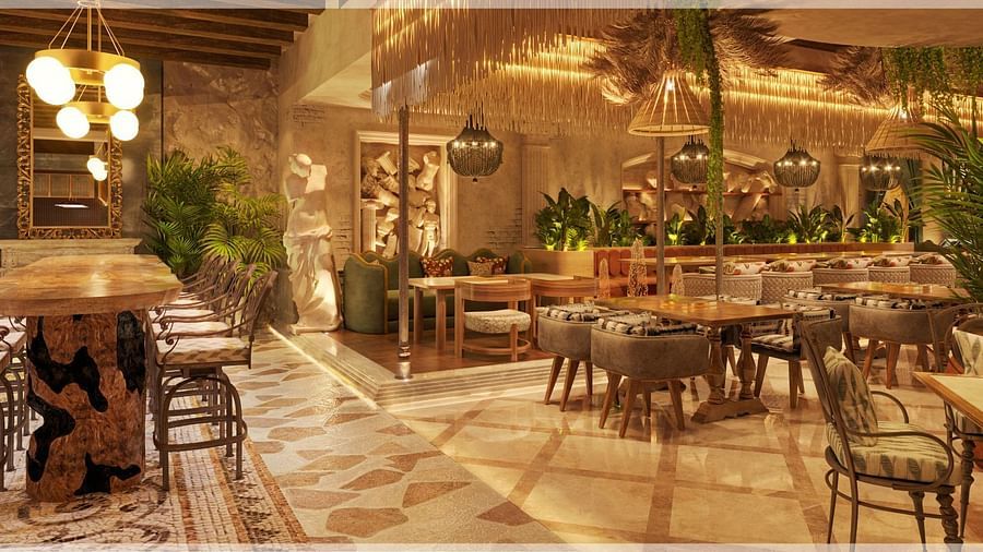 A spacious restaurant interior combining rustic charm with upscale design elements - Themis Barbecue House, Ambience Mall, Gurugram