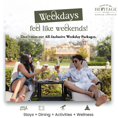 Promotional poster for weekday wellness package at Heritage Village Resorts & Spa, Manesar showing two guests seated on a lawn.