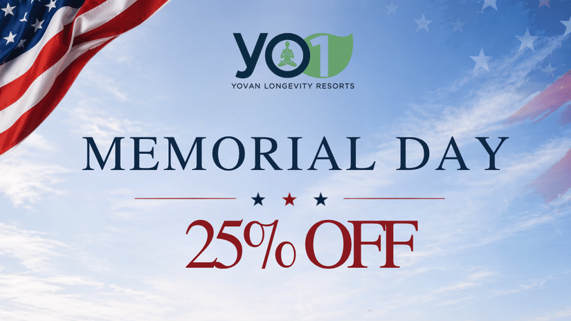 Promotional Memorial Day offer banner by YOI featuring a hotel exterior with a 25% OFF discount, along with contact details, website information, and location branding displayed at the bottom.