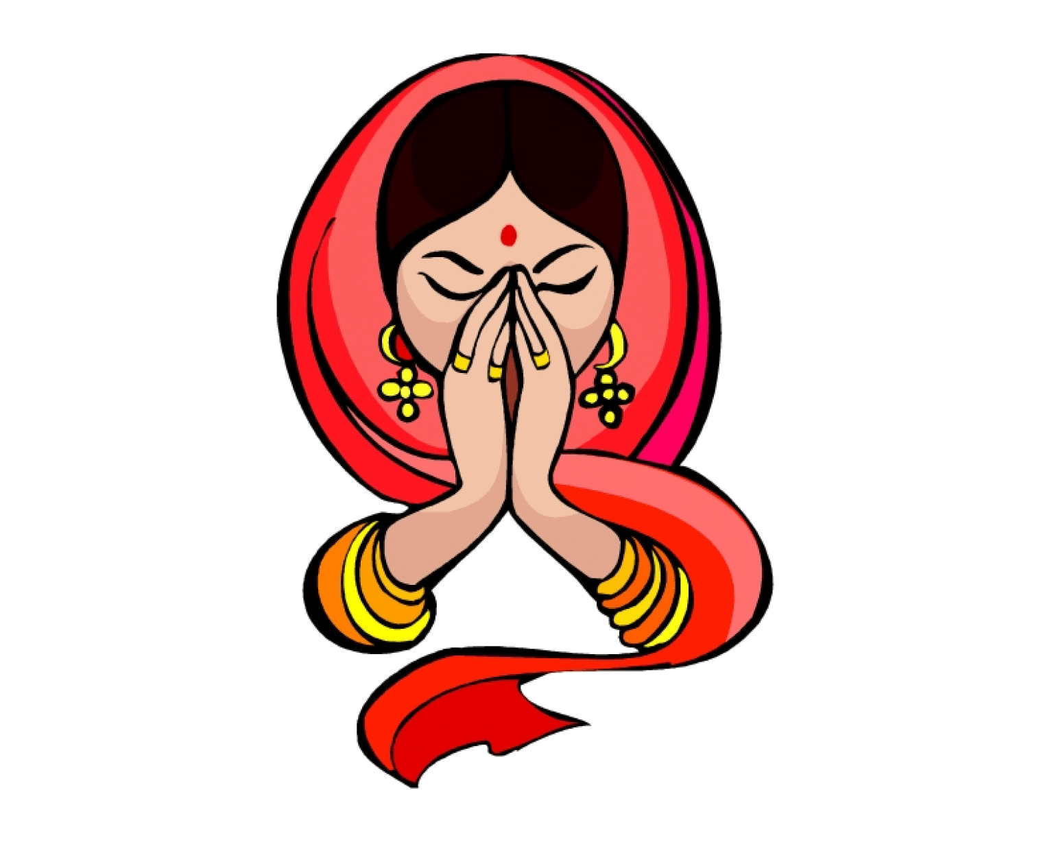 Illustration of a woman with folded hands, wearing a red traditional headscarf, symbolising a warm greeting