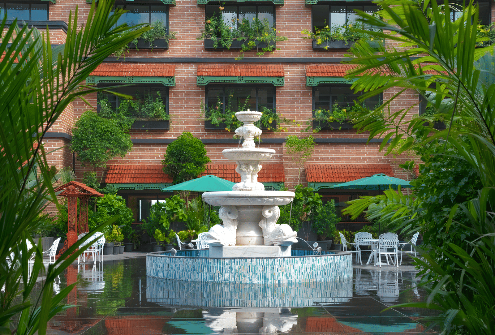 A lawn courtyard with a decorative stone fountain surrounded by greenery, manicured plants and pathways, set against the building’s exterior at MAYFAIR Bay Resort, Paradeep.