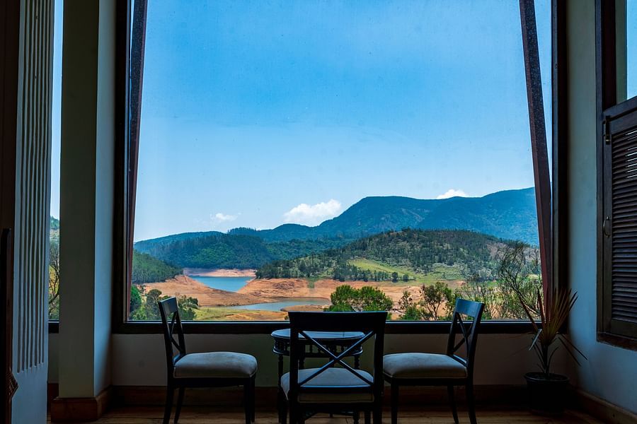 seating area overlooking the lake and hills at destiny