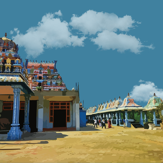 A vibrant, painterly scene of a temple entrance with a gopuram and blue sky with clouds.