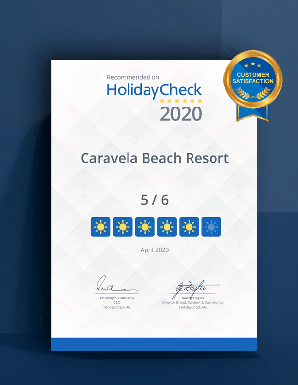 holiday check 2020 certificate given to Caravela Beach Resort Goa