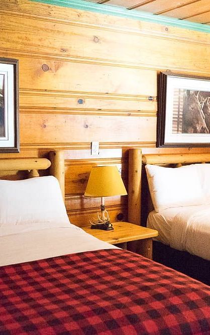 A wooden cabin with twin beds with photographs hung on the wall behind them at Shaver Lake Village Hotel.