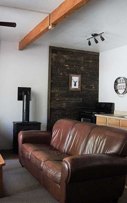 A room at Shaver Lake Village Hotel with a double sofa placed in the centre of the room with a wooden coffee table placed in front of it.
