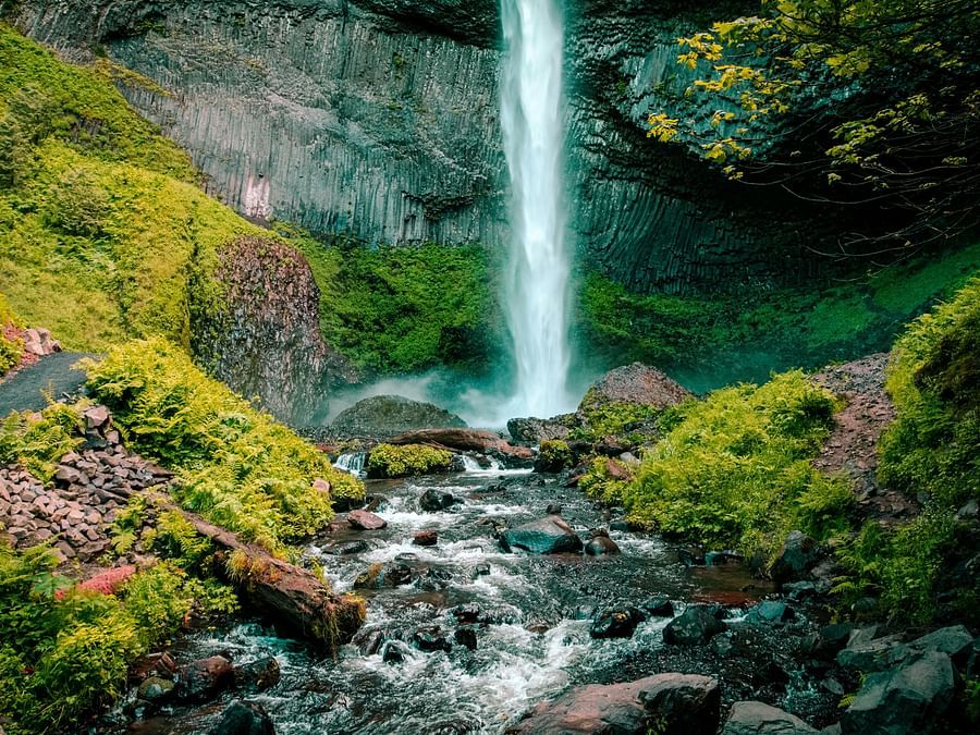 Waterfall with a moderate stream surrounded by stones covered by moss.