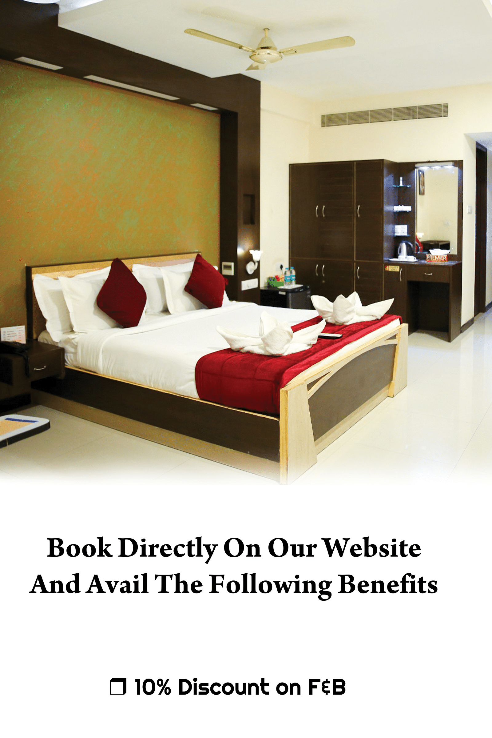 Creative image showcasing a room with a cozy king-sized bed, highlighting the special room discount offer