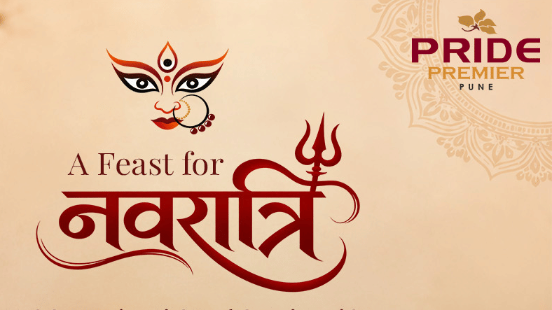 A poster for Navratri Feast at Pride Premier Pune, with a verstaile feast placed in a decorated backdrop, valid on 11th October.