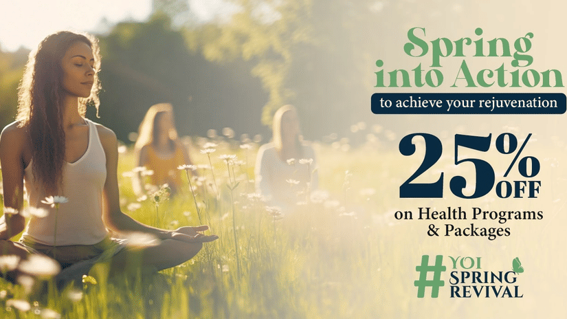 Spring into action offer banner featuring a group of women meditating in a wild garden on a sunny day at YO1 Longevity & Health Resorts, Catskills