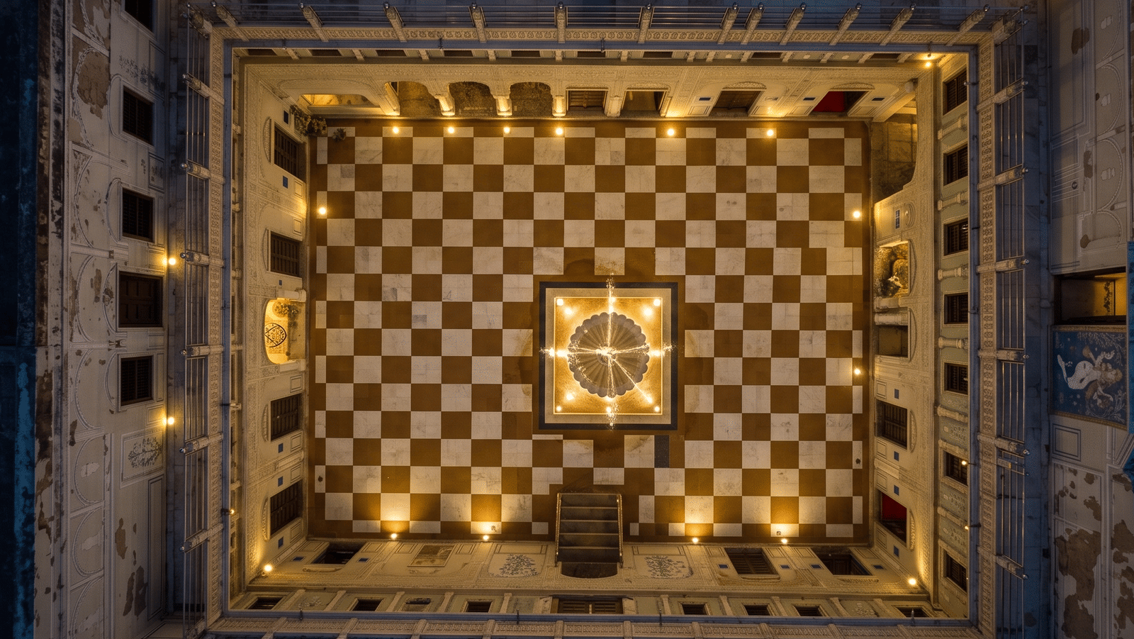 Aerial view of the chequered courtyard at dusk with an illuminated central fountain and lamp-lit galleries at BluSalzz Vintage - Harlalka Haveli.
