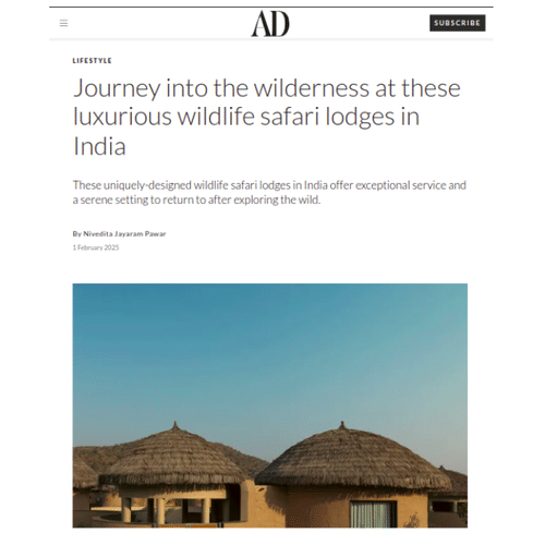 Architectural Digest feature on luxury safari lodges, including Ananta Resort & Spa, Ajabgarh.