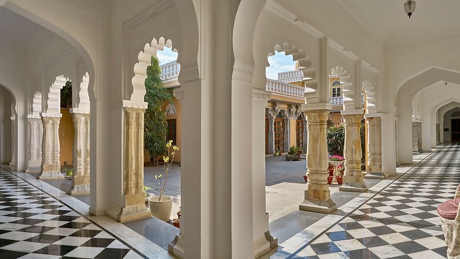 a panaromic image of the lobby at dev shree, deogarh