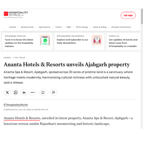Online coverage detailing Ananta Hotels & Resorts expansion and Ajabgarhs cultural allure.