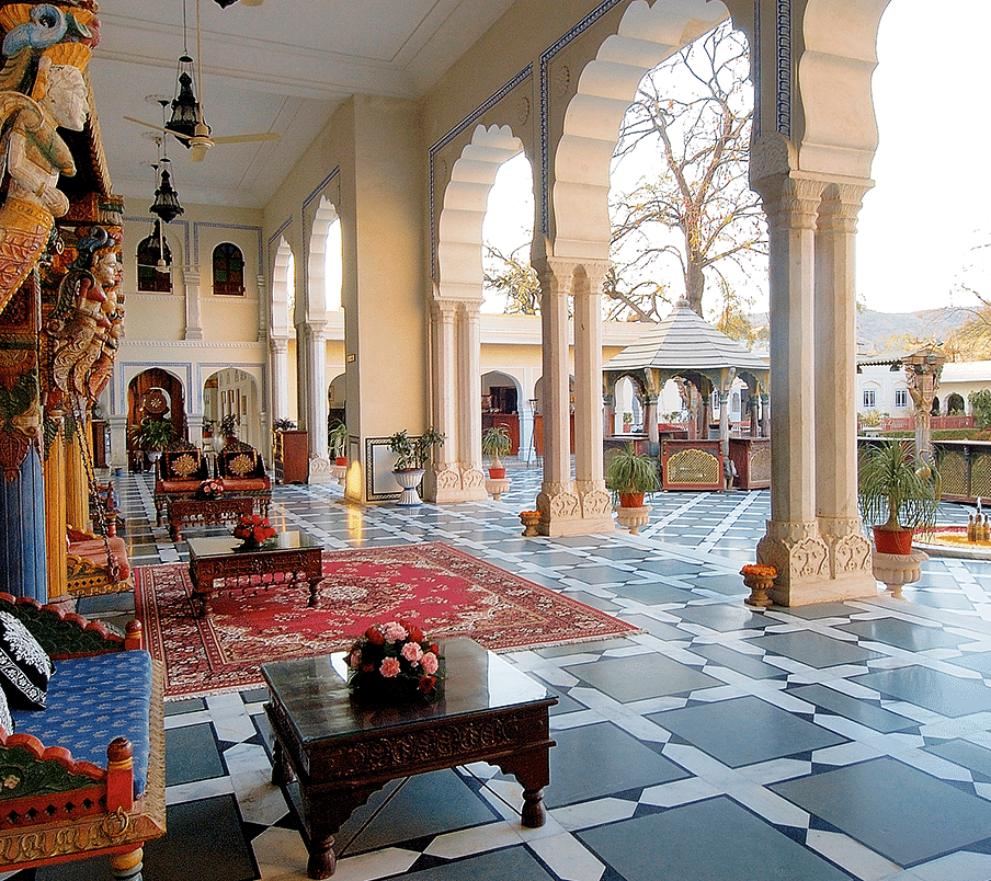 A veranda at The Raj Palace