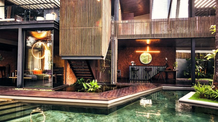 Exterior building view with the pool