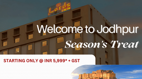 Promotional banner for Lords Inn Jodhpur's Season's Treat package at ?5,999+GST, highlighting inclusions like meals, sightseeing, and airport pickup.