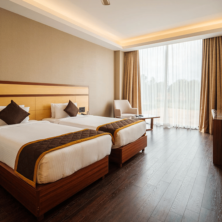 A spacious hotel room with twin beds, a wardrobe, a television, and a view of the outdoors. at The Residences at CSE, Banglore