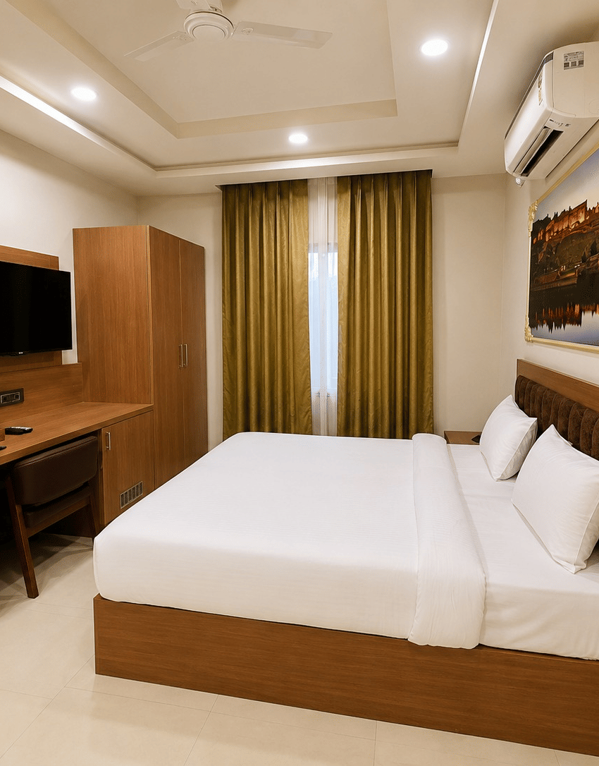 Side view of the Jal Mahal Classic Room with a double bed facing a wall-mounted TV at Lime Tree Hotel & Banquet, Jaipur