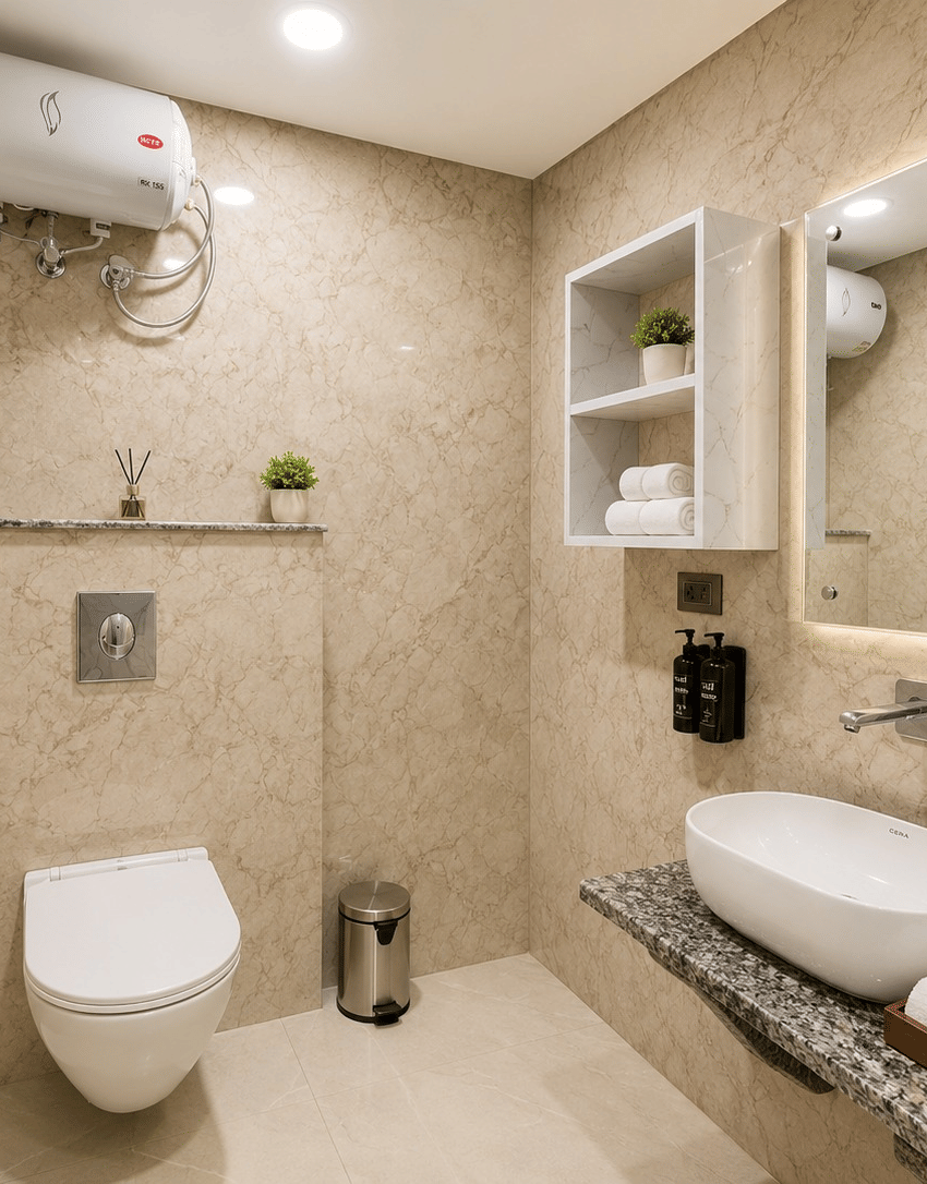 Jal Mahal Classic Room bathroom with a vanity area and a cabinet of folded towels at Lime Tree Hotel & Banquet, Jaipur