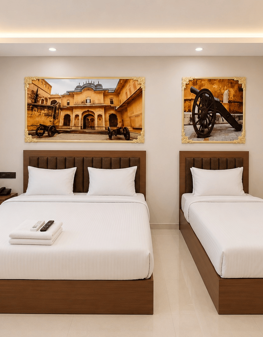 Jal Mahal Family Room with a double bed, a single bed and Italian marble flooring at Lime Tree Hotel & Banquet, Jaipur