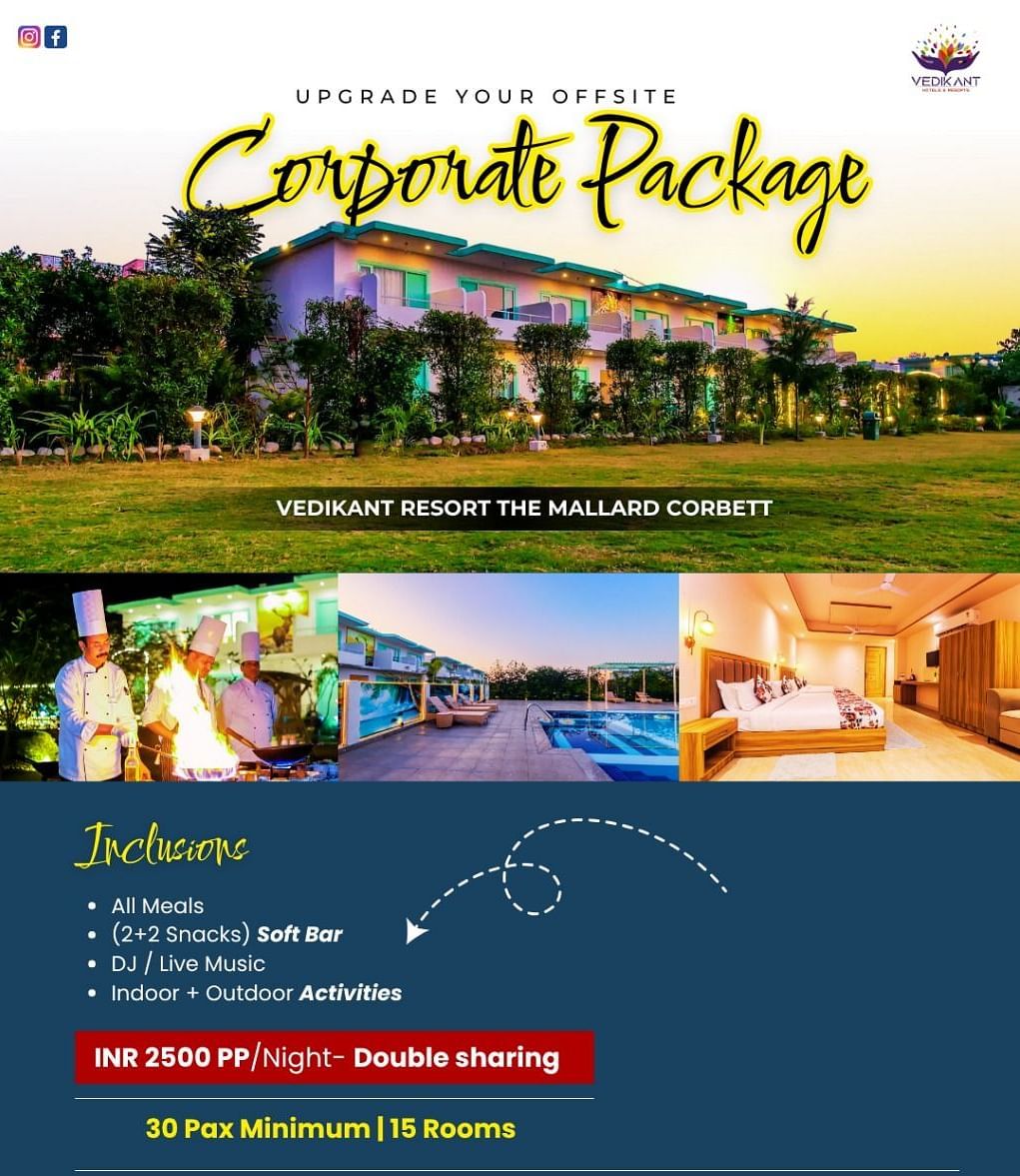 Corbett Nirvana Resort corporate package poster, showing resort exteriors, room, and common area.