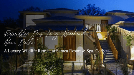 Night view of a luxury resort building with illuminated architecture, brand showcase creative at Saraca Hotels & Resorts.