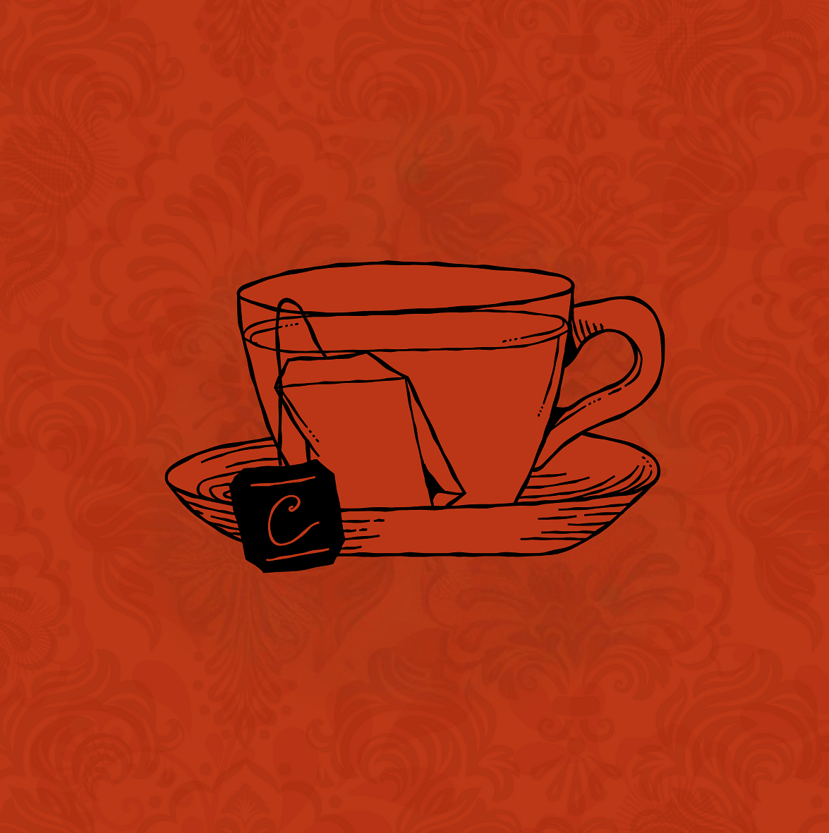 a crimson and black illustration of a cup and saucer with a tea bag