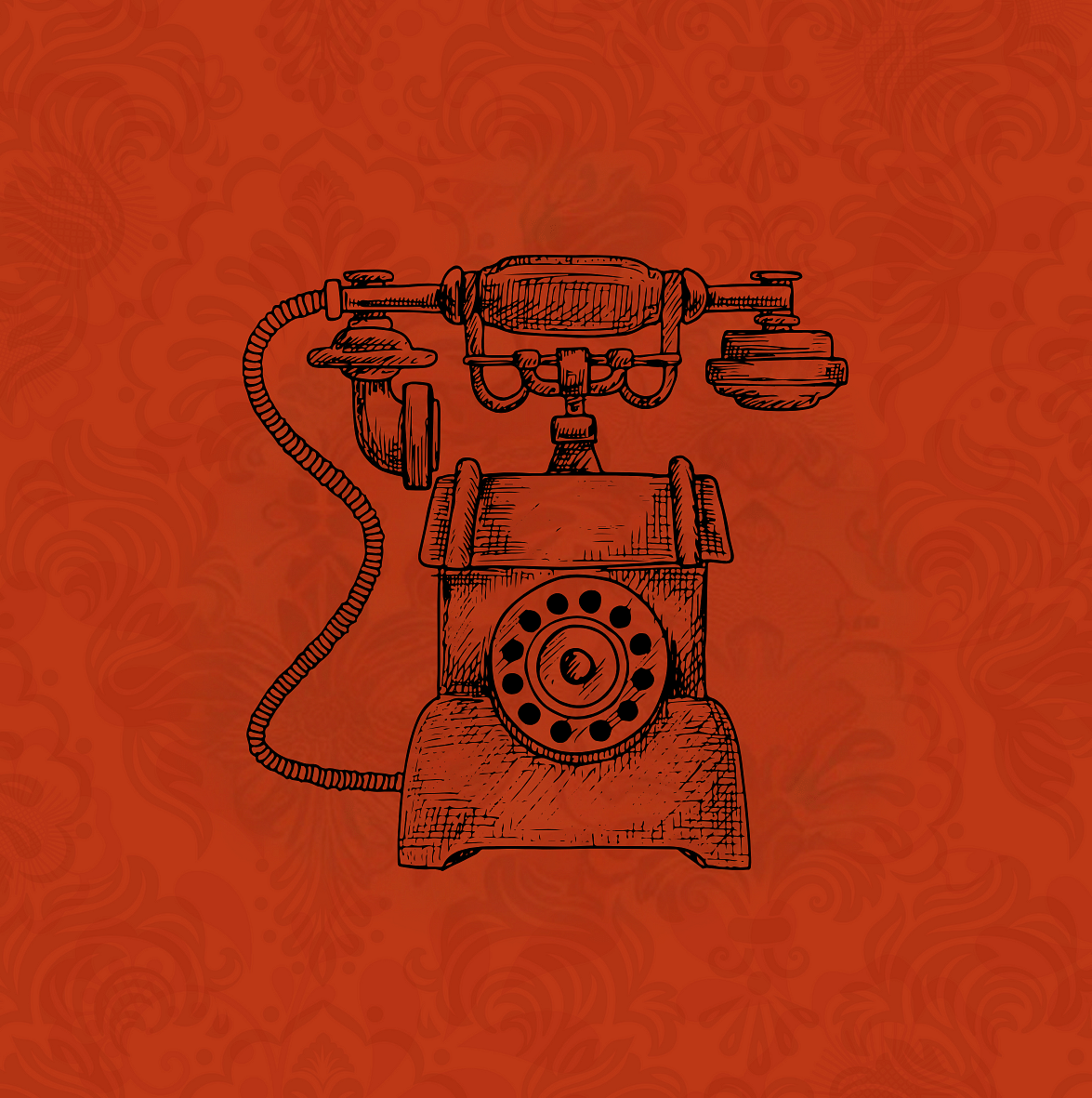 a crimson and black illustration of an antique rotary phone