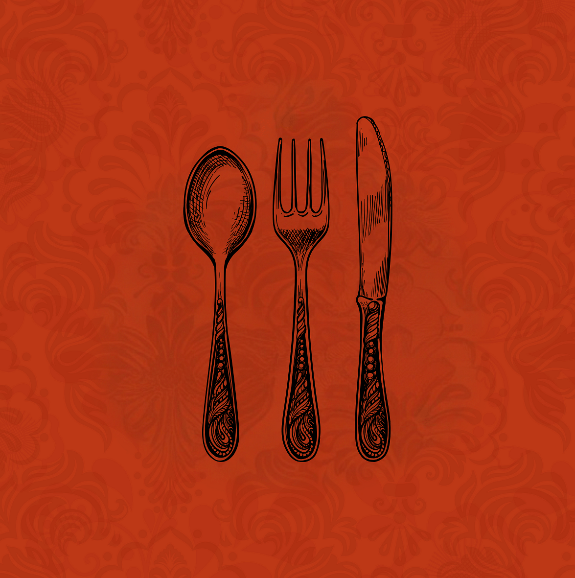 a crimson and black illustration of a cutlery set of a spoon, fork and a knife