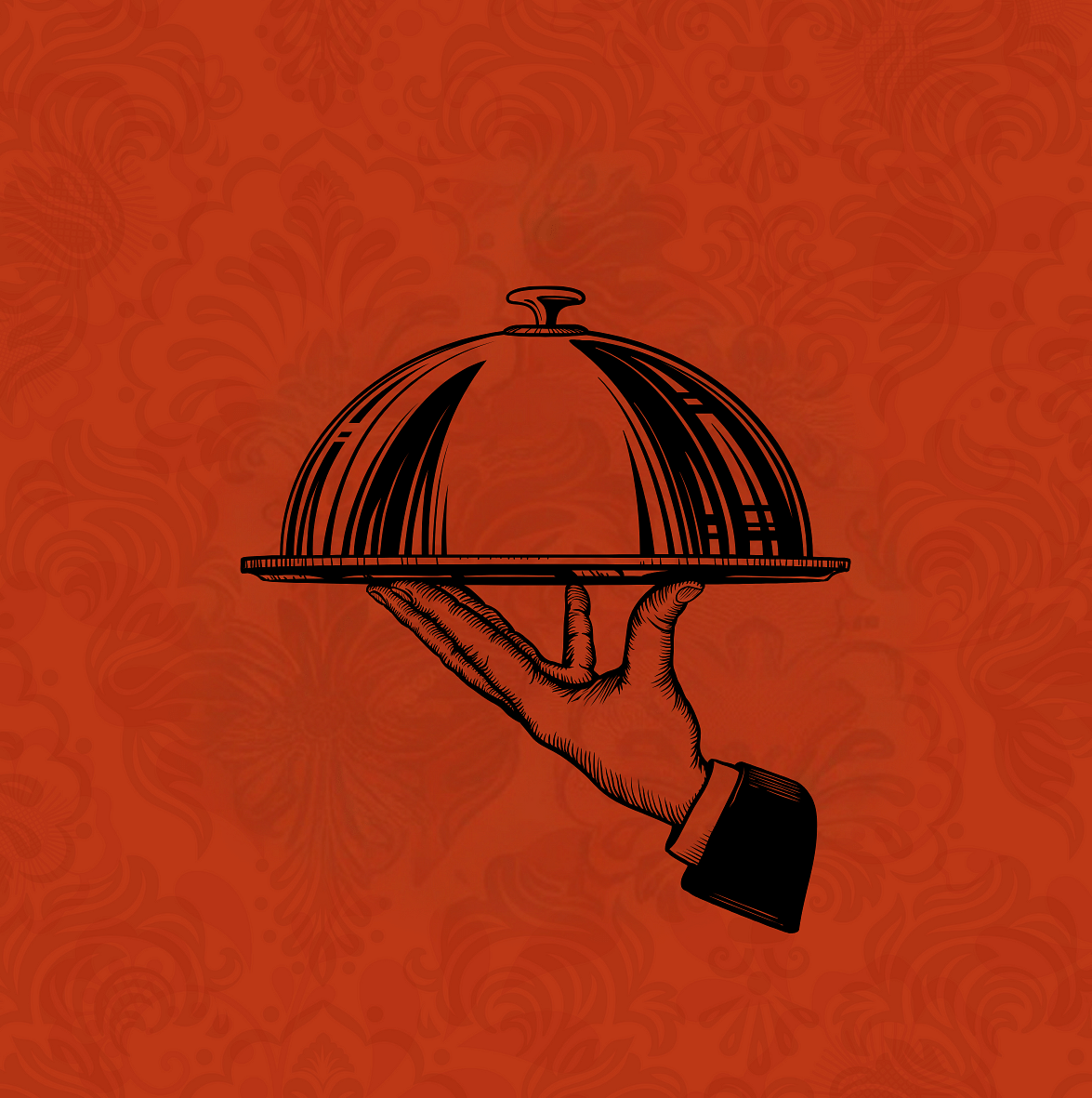a crimson and black illustration of a hand holding a closed dish