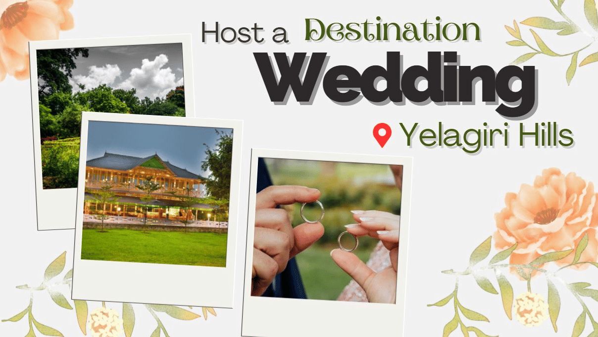 Promotional graphic for destination weddings in Yelagiri Hills featuring a resort and rings.