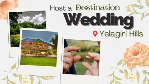 Promotional graphic for destination weddings in Yelagiri Hills featuring a resort and rings.
