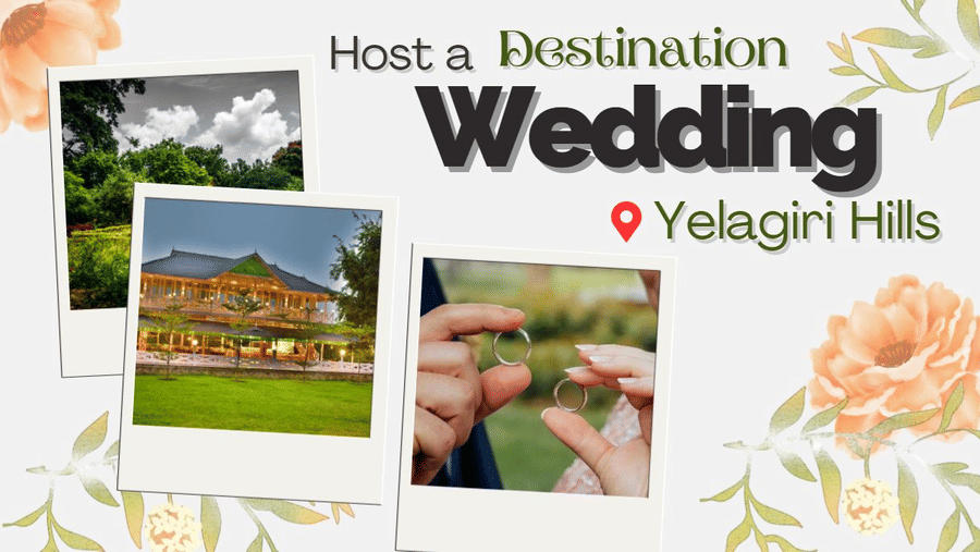 Promotional graphic for destination weddings in Yelagiri Hills featuring a resort and rings.