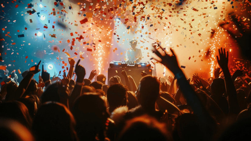 A large crowd of people with their hands raised, dancing at a brightly lit concert as confetti rains down.