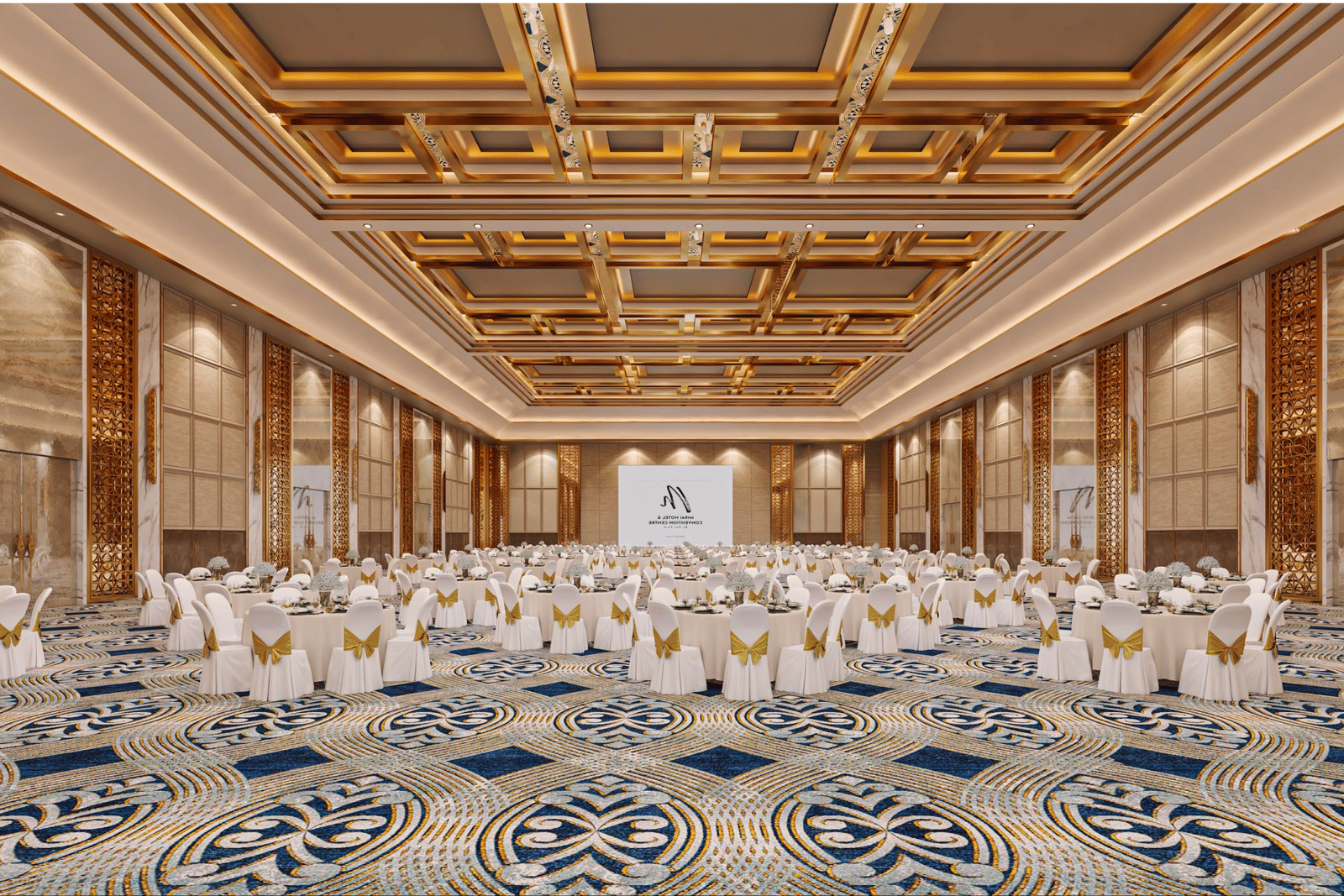 A banquet arrangement at Grandis Ballroom with carpet, modern interiors and projector upfront at Merlis Hotel, Coimbatore, one of the best function halls in Coimbatore