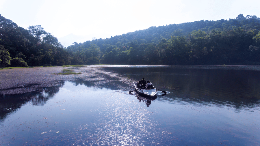 A boat is on a lake with trees and mountains in the background.