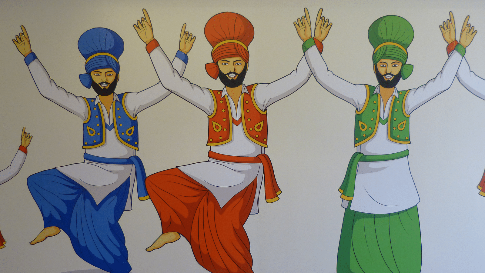 The wall features a painting of men dancing in Punjabi attire