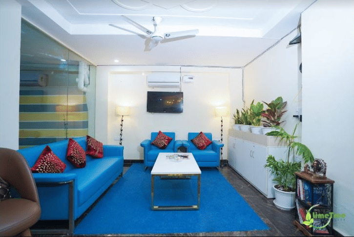 Lobby with blue sofas, red cushions, a white coffee table and indoor plants at Lime Tree Hotel Near 32nd Avenue