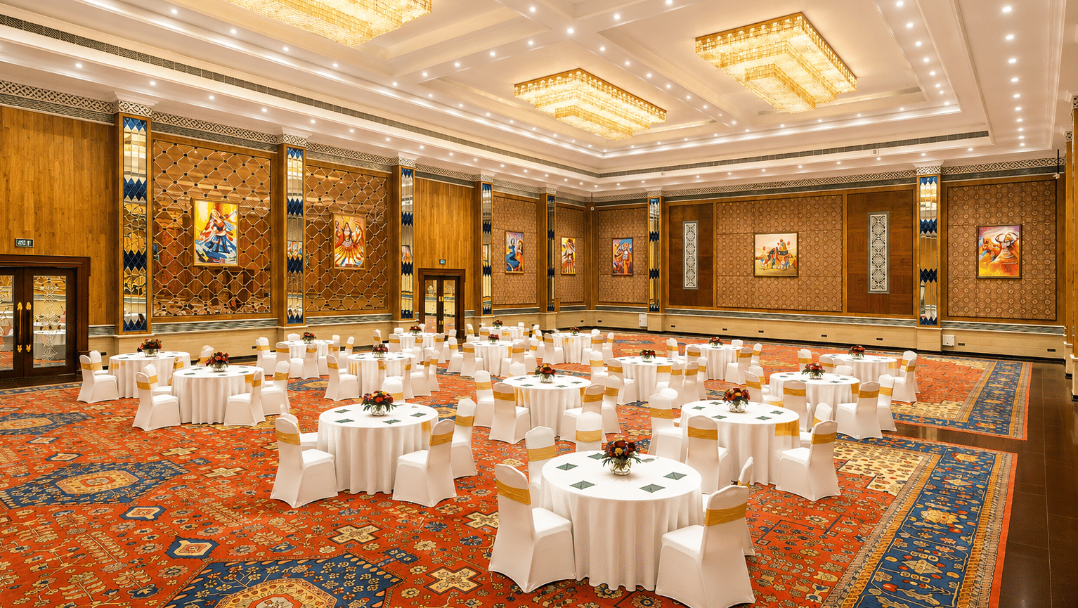 Grand ballroom with round banquet tables at Mayfair Oasis Resort, Jharsuguda