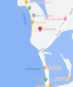  map displaying a coastal area with land in light blue and water in darker blue, marked with various colored pins indicating locations.