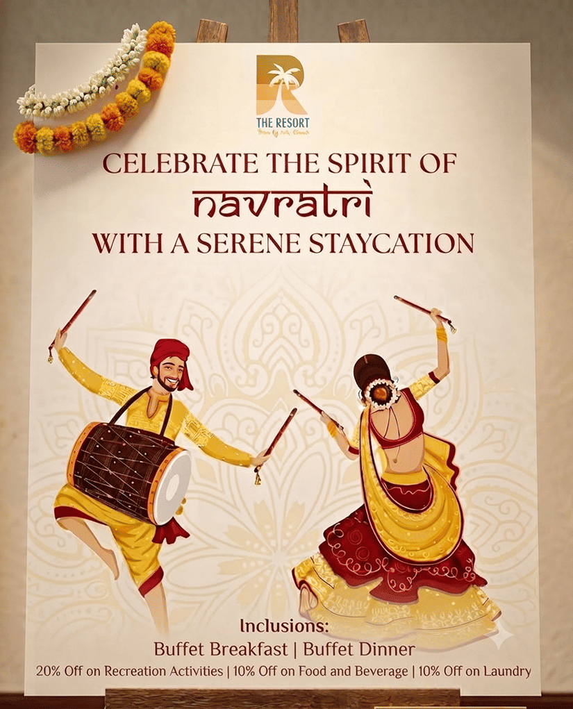 The Resort Navratri staycation poster featuring traditional dandiya dancers, buffet breakfast and dinner, and discounts on recreation, food and laundry.