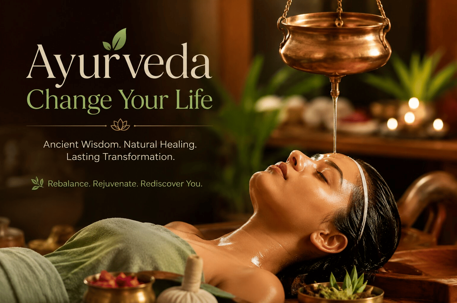 Promotional creative for Fragrant Nature Hotels & Resorts showing a person receiving a traditional Ayurveda oil treatment with wellness text.